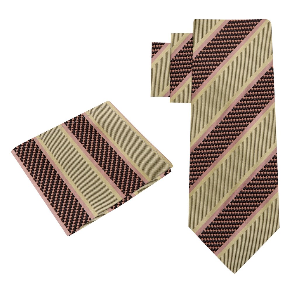 Alt View: Olive, Brown Thick Stripe Tie and Pocket Square