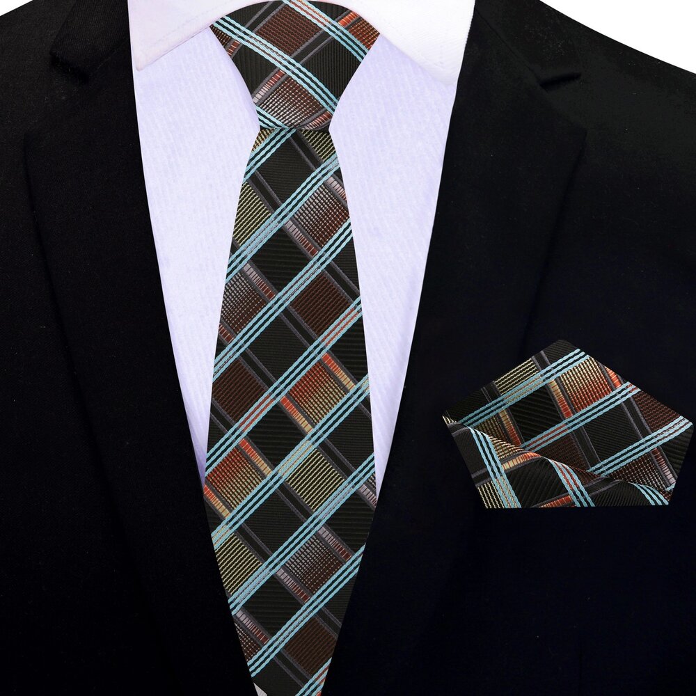 Thin Tie: Brown, Orange and Black Check Tie and Pocket Square