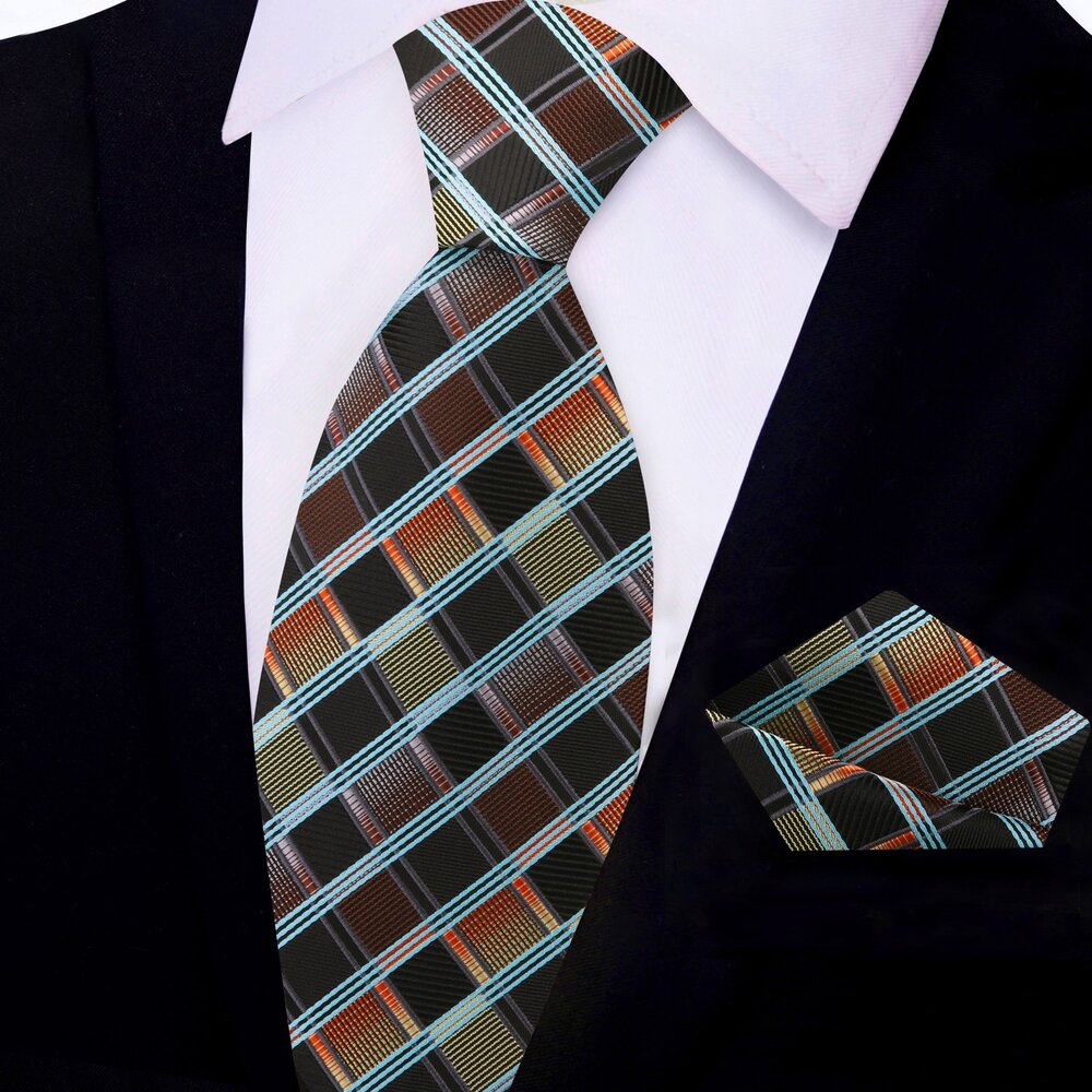 Brown, Orange and Black Check Tie and Pocket Square