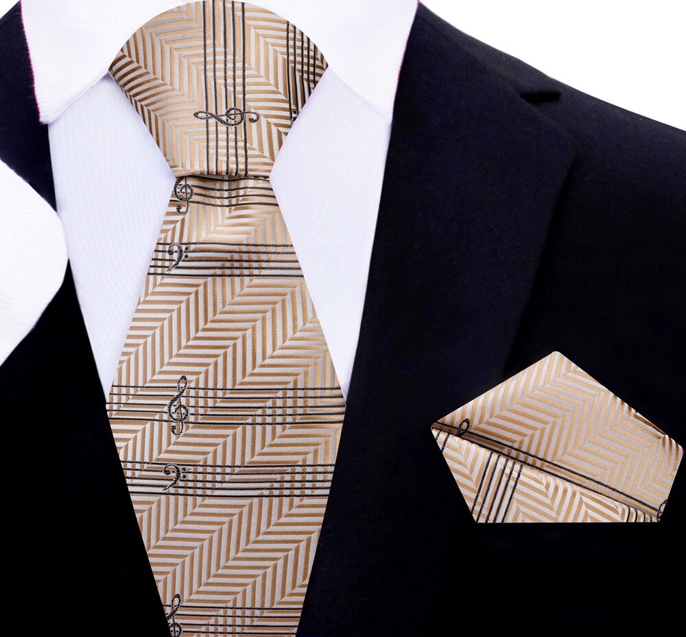 Pale Golden Brown Printed Music Tie and Pocket Square