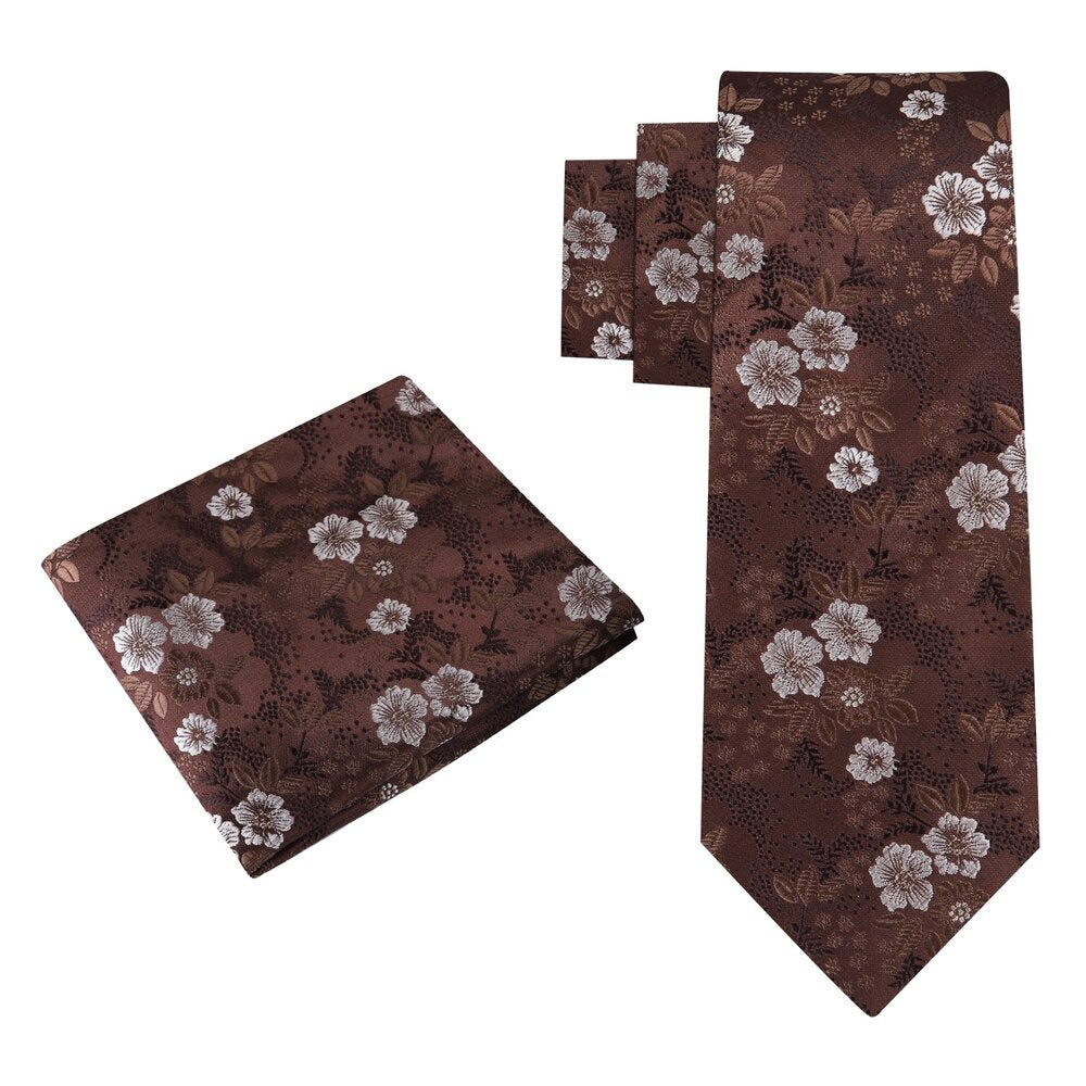 Alt View: A Dark Brown, Brown, White Floral Pattern Necktie With Matching Pocket Square