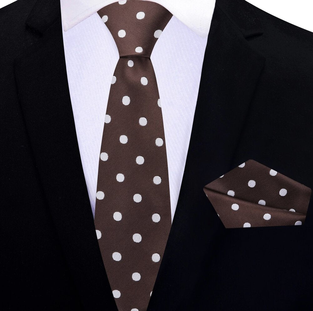 Brown and White Polka Thin Tie and Pocket Square