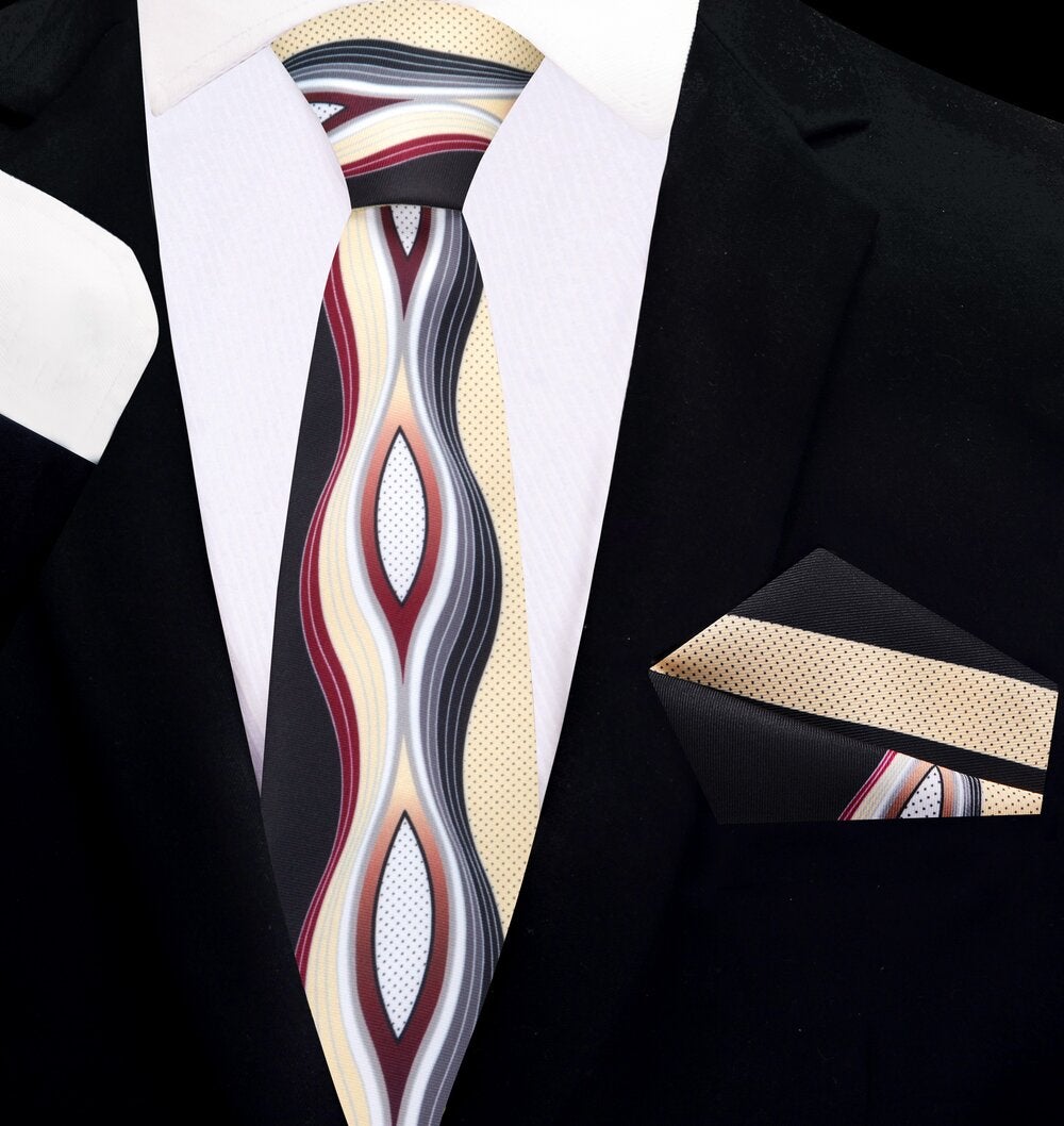 Thin Brown, Black, Red Abstract Necktie and Square