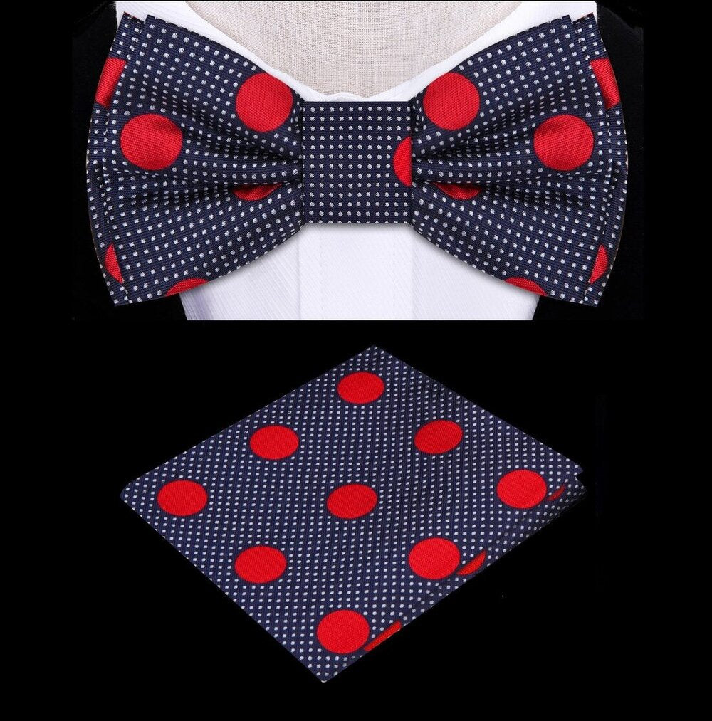A Dark Blue, Red Color Polka Dot Pattern Silk Kids Pre-Tied Bow Tie, Matching Pocket Square