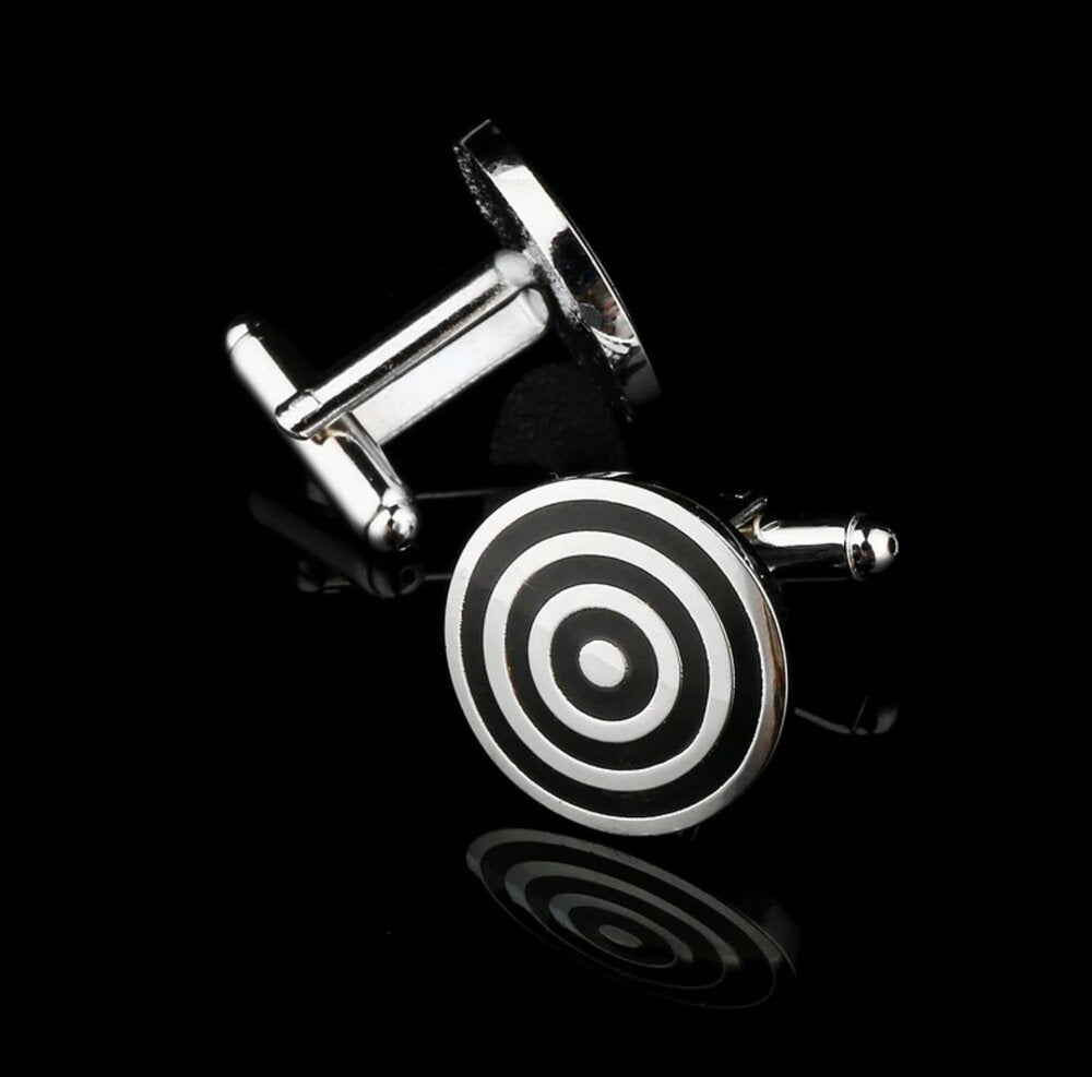 View 2: A Chrome and Black Colored Circular Shape with Bullseye Pattern Cuff-links.