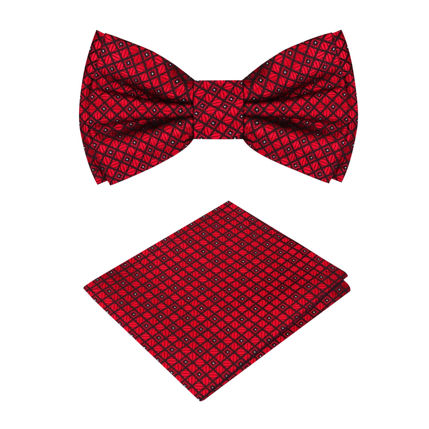 A Burgundy, Black Color With Geometric Diamond Pattern Silk Kids Pre-Tied Bow Tie, Matching Pocket Square