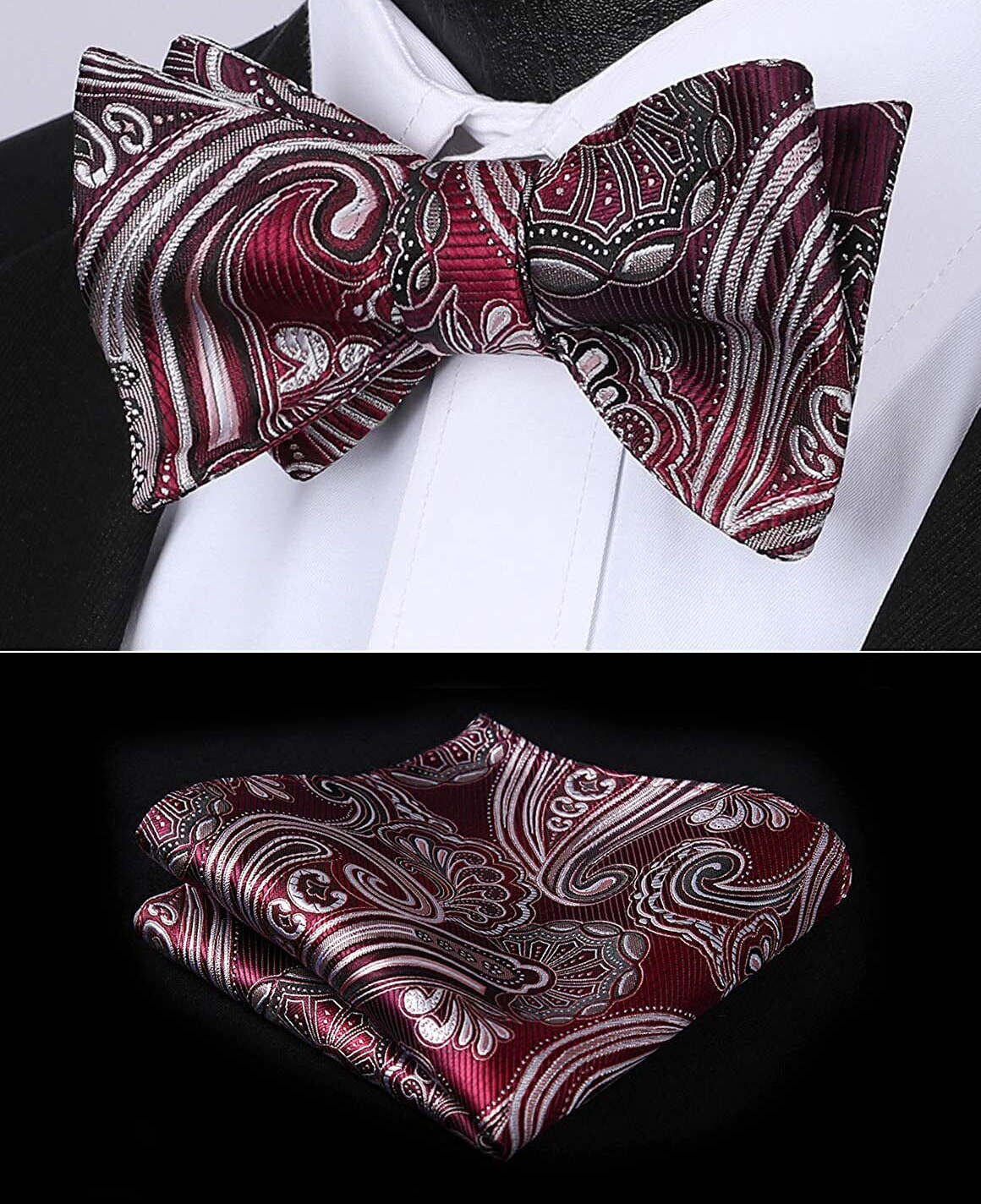 Main View: A Dark Burgundy, Black, White Paisley Pattern Silk Self Tie Bow Tie, Matching Silk Pocket Square