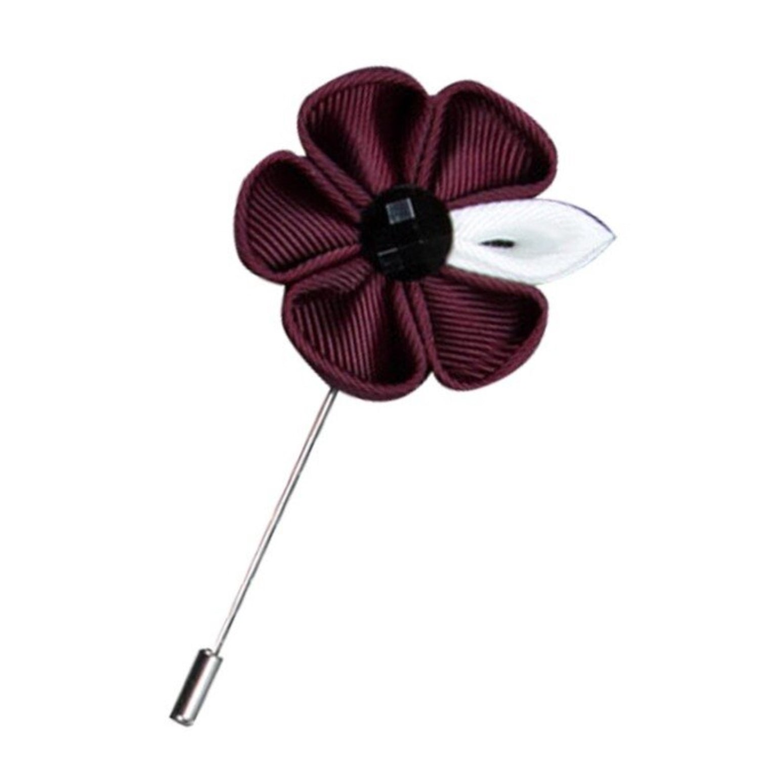 View 2: A Burgundy, White Colored Thick Petal Lapel Flower||Burgundy, White