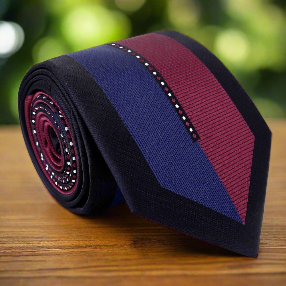 Burgundy, Blue, Black Geometric Tie  