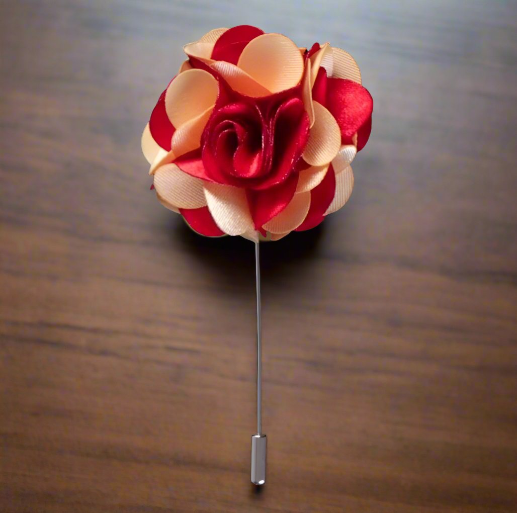 Red, Light Gold Flower Lapel Pin||Red, Light Gold