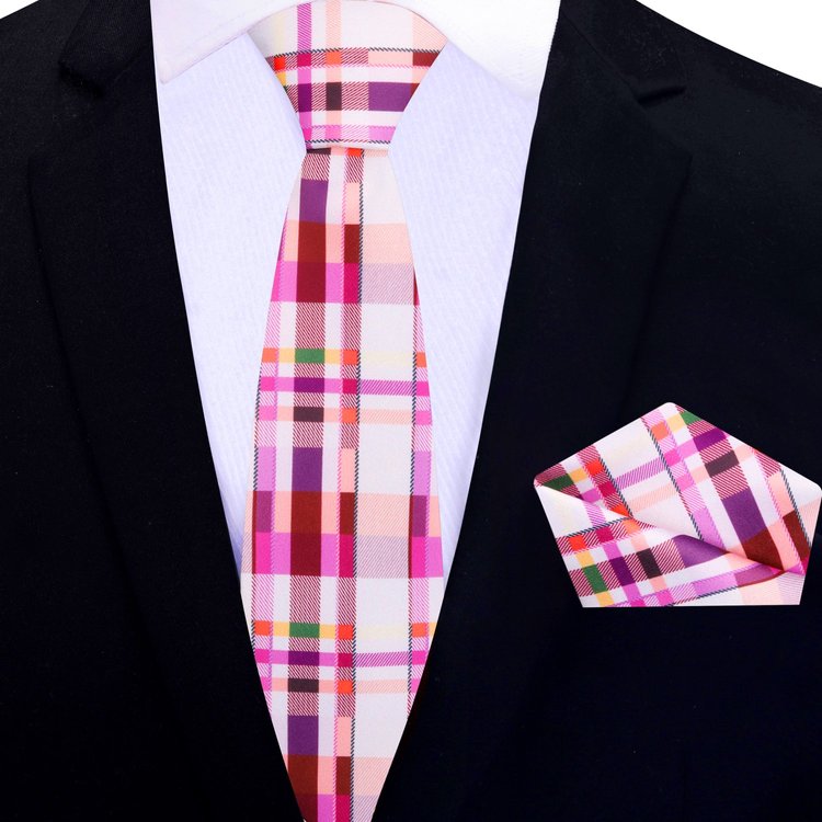 Pink, Purple and Red Geometric Thin Tie and Square