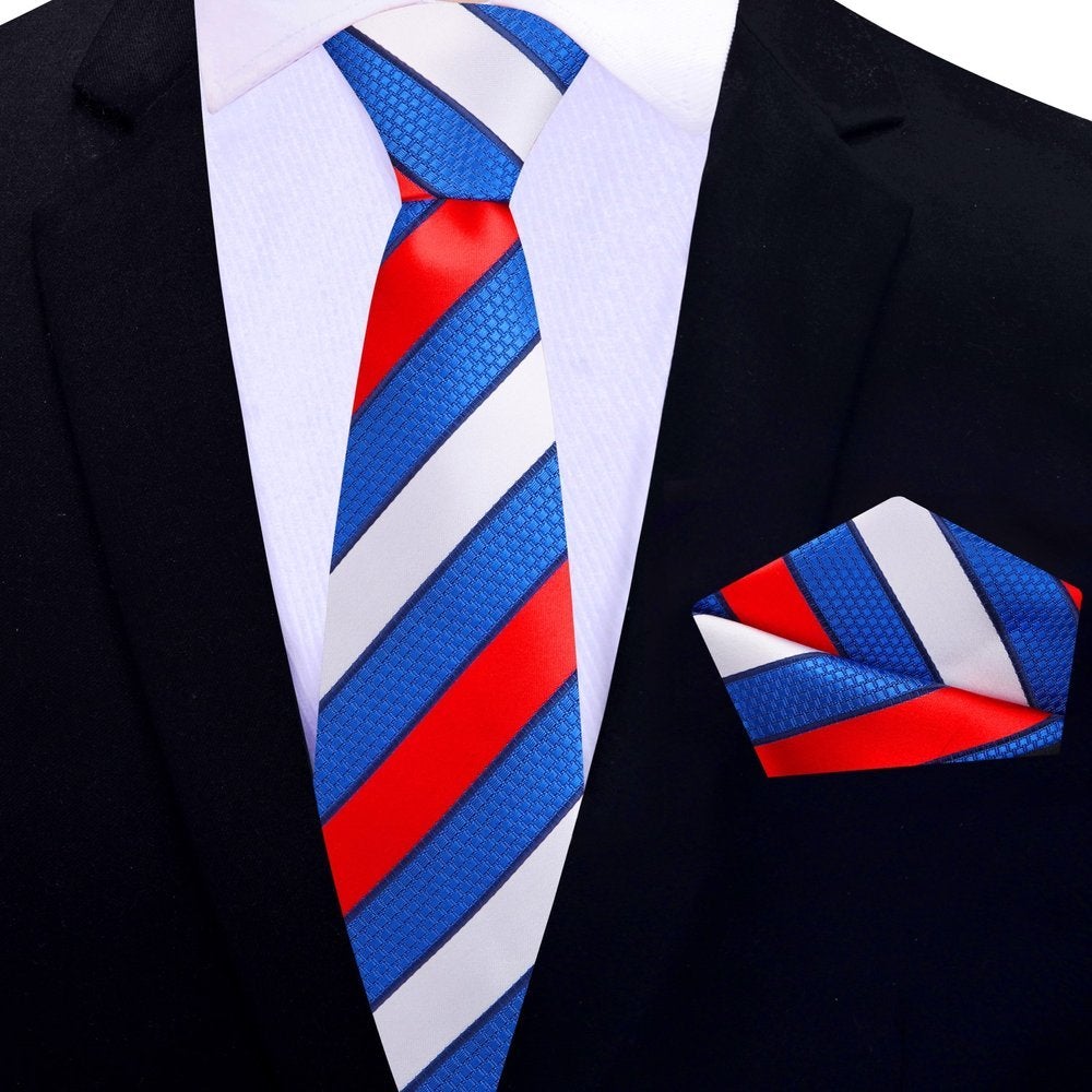 Red, White, Blue Block Stripe Thin Tie and Square