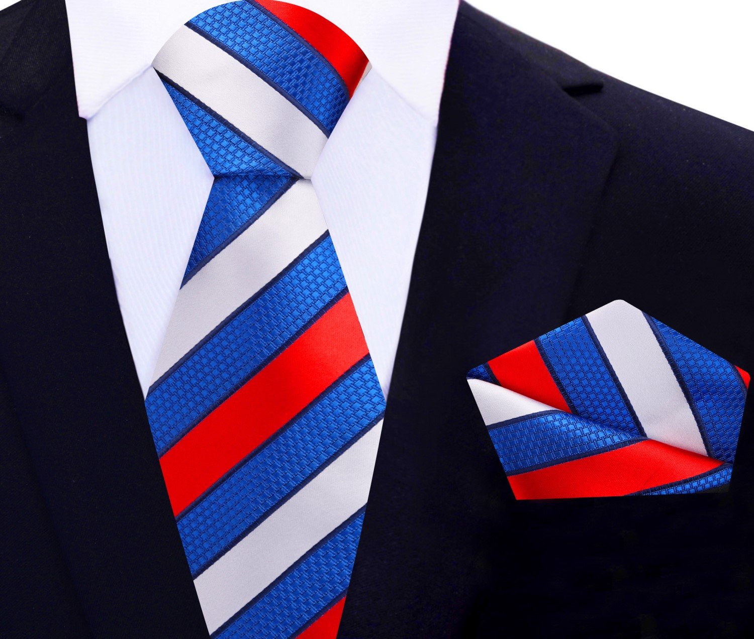 Main View: Red White Blue Block Stripe Tie and Square