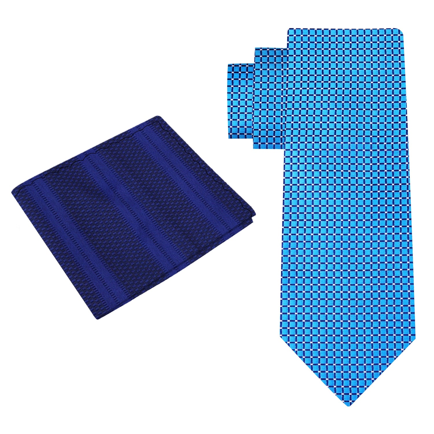 Alt View: A Light Blue Small Geometric Diamond With Small Dots Pattern Silk Necktie With Dark Blue Pocket Square