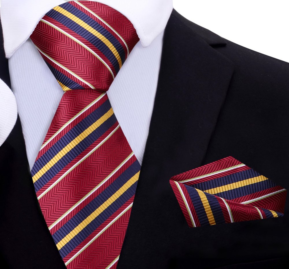 ||Red, Yellow, Royal Stripe Tie and Pocket Square
