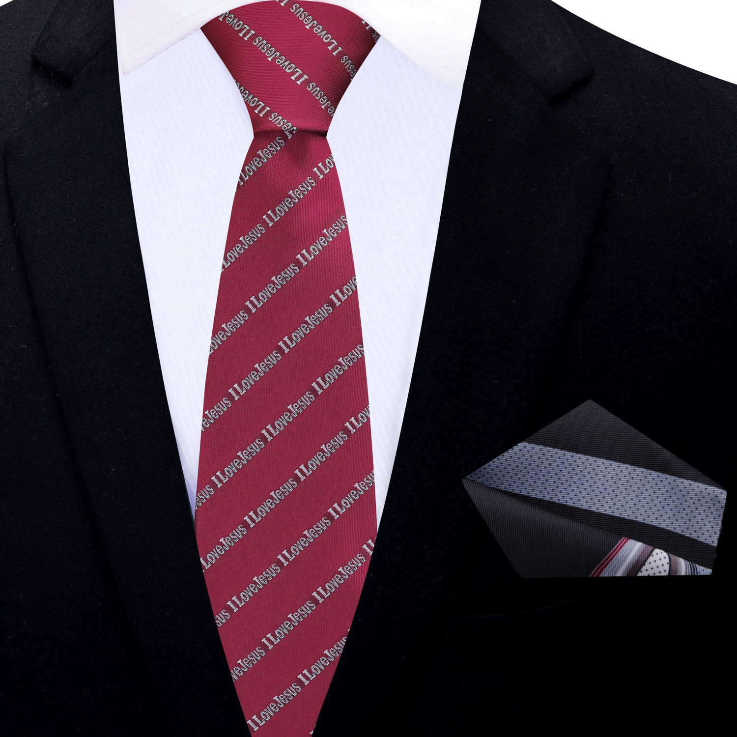 Thin Tie: Carmine Red, Grey I love Jesus Tie and Abstract Black, Grey, Red Square