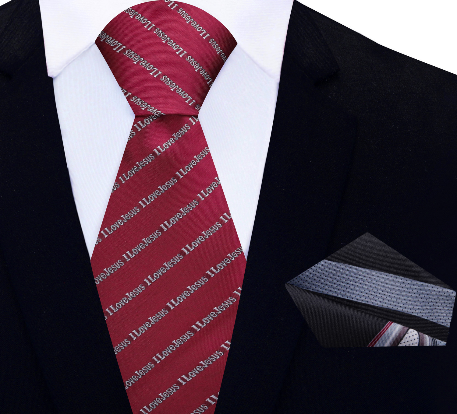 Carmine Red, Grey I love Jesus Tie and Abstract Black, Grey, Red Square