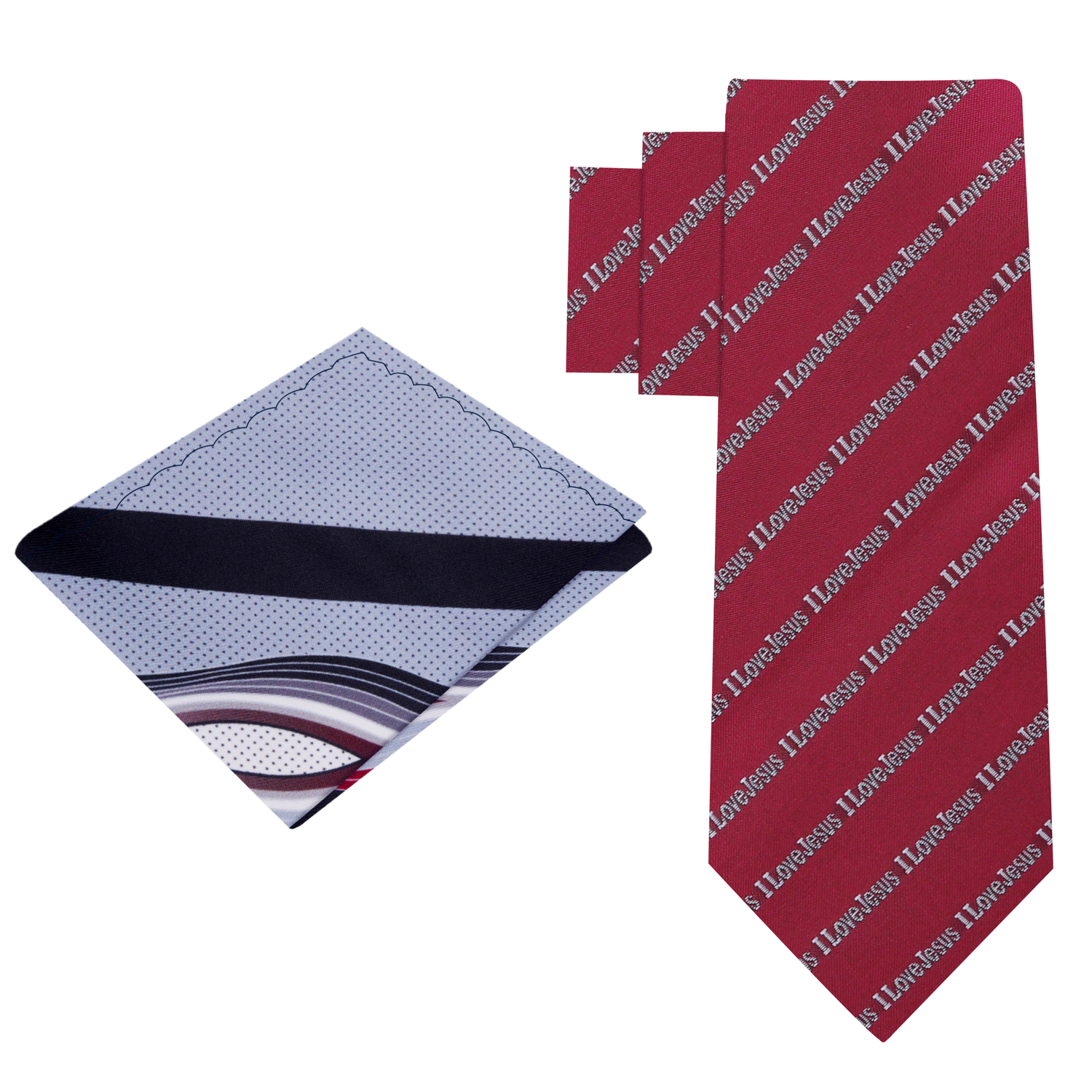 Alt view: Carmine Red, Grey I love Jesus Tie and Abstract Black, Grey, Red Square