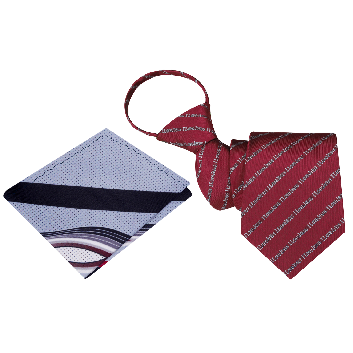 Zipper Carmine Red, Grey I love Jesus Tie and Abstract Black, Grey, Red Square