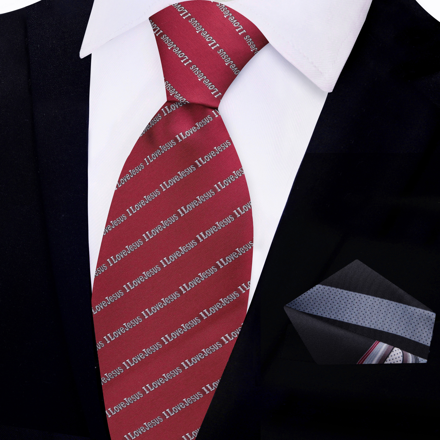 View 2: Carmine Red, Grey I love Jesus Tie and Abstract Black, Grey, Red Square