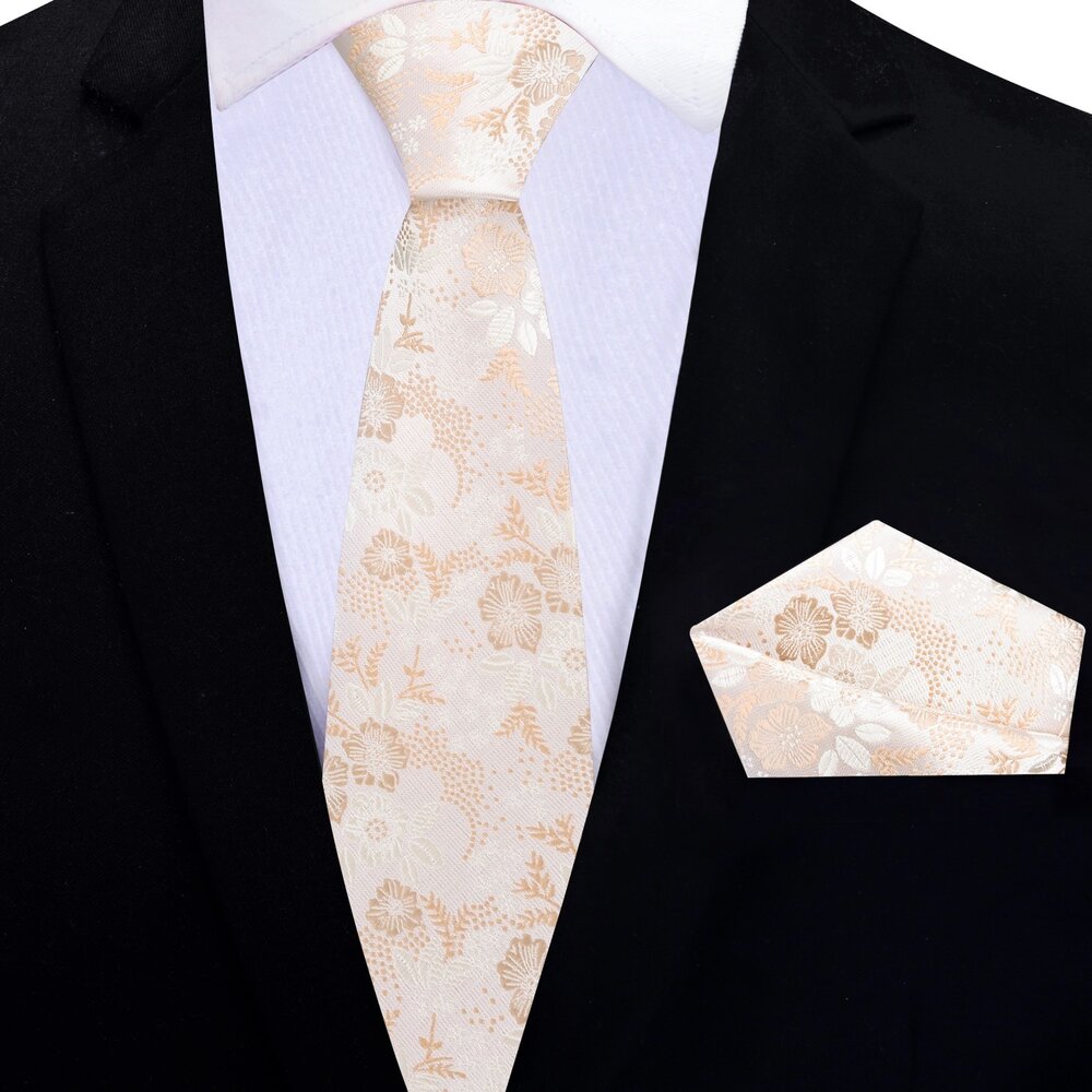 Light Champagne Floral Thin Tie and Pocket Square||Champagne