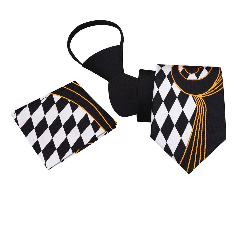 View 3 Silky Black, Sun Gold, Shadow White With Abstract Pattern And Check Designs Tie and Square