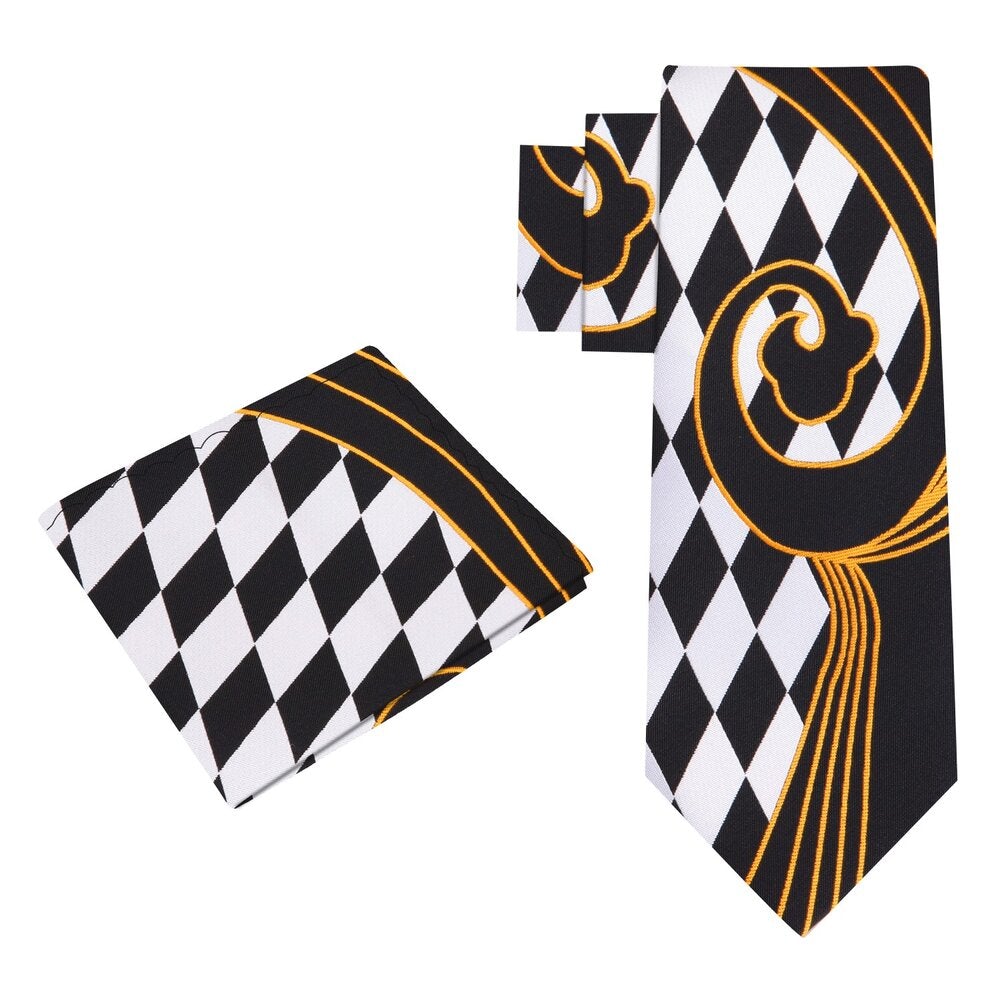View 2 Silky Black, Sun Gold, Shadow White With Abstract Pattern And Check Designs Tie and Square