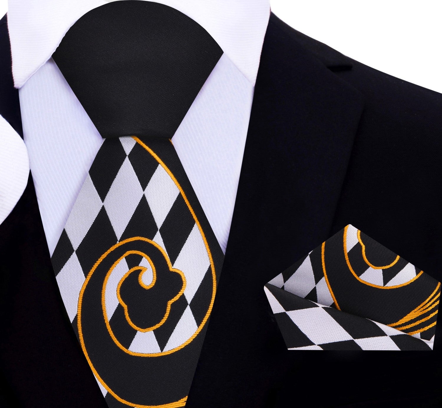 Silky Black, Sun Gold, Shadow White With Abstract Pattern And Check Designs Tie and Square