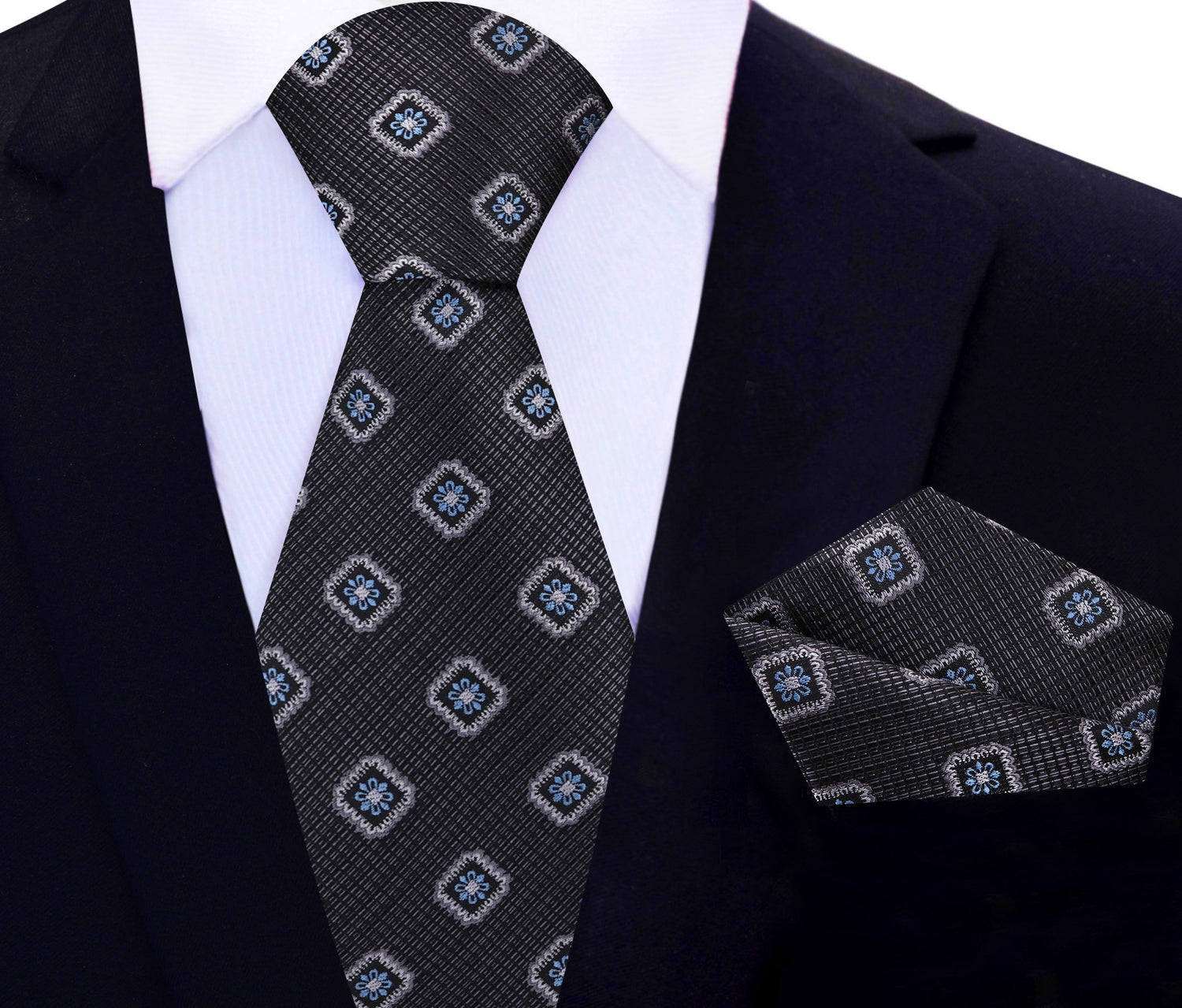 Black Geometric Medallion Tie and Pocket Square