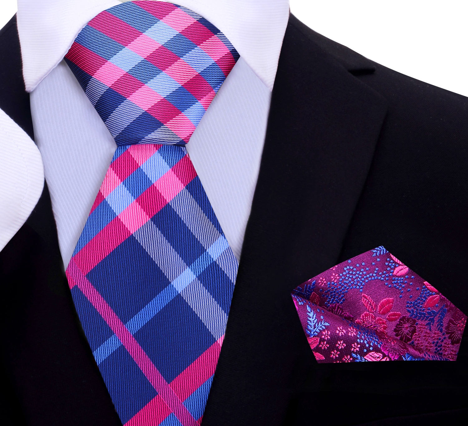 Main View: Blue and Pink Plaid Tie and pocket Square
