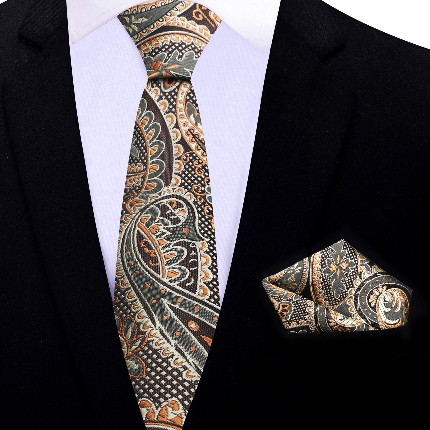 Thin Tie: Brown with Check Paisley Necktie and Matching Square
