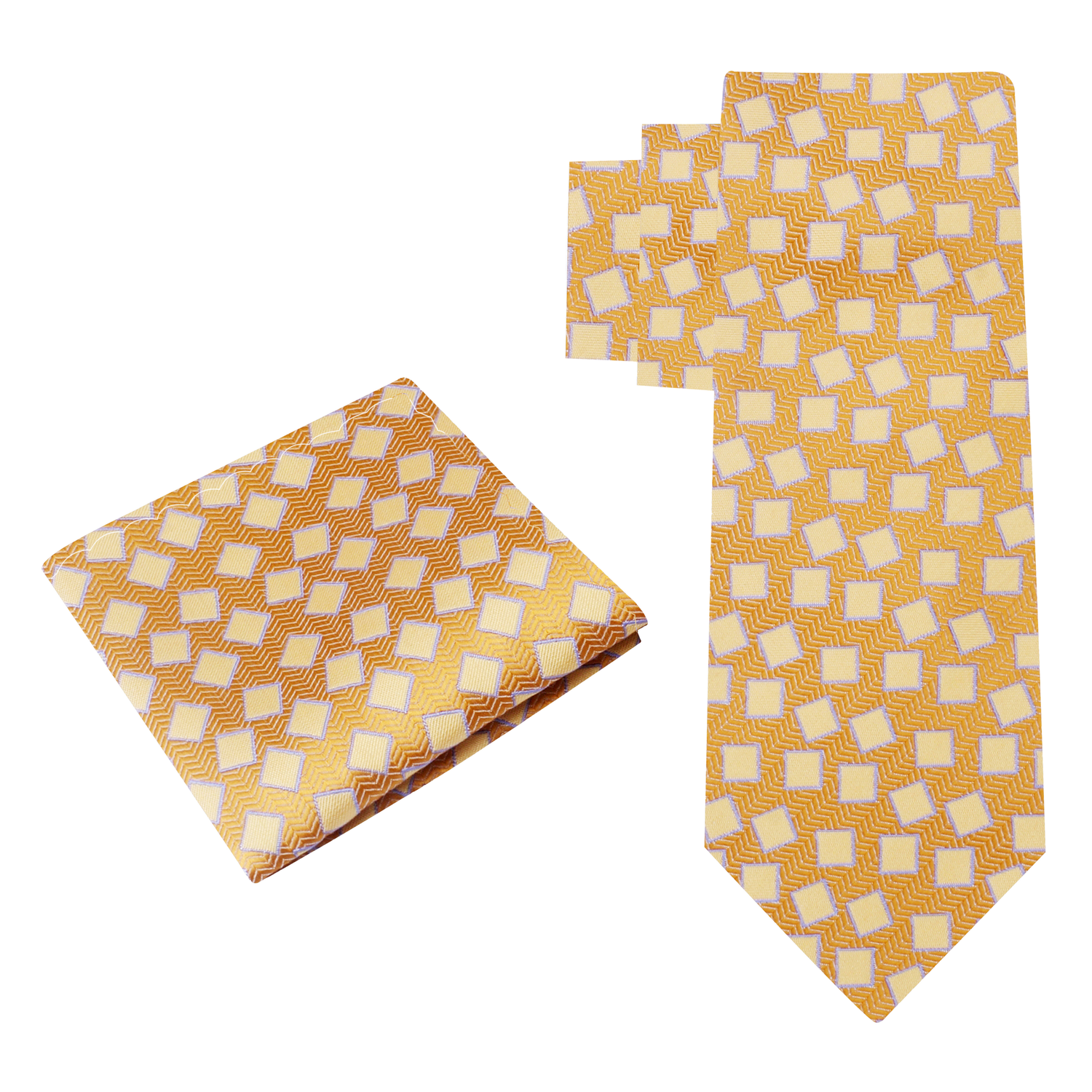 View 2: Light Yellow, Orange Geometric Blocks Tie and Pocket Square