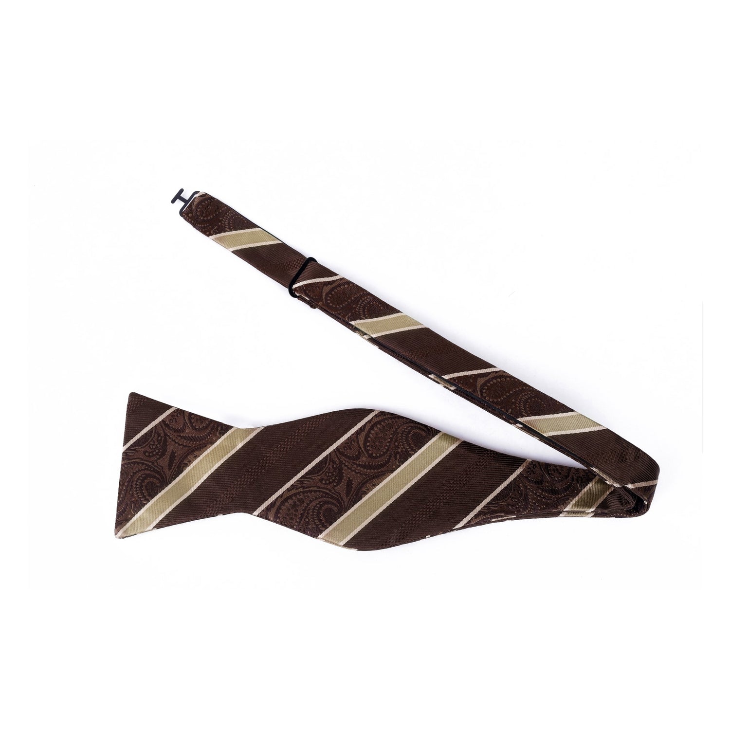 A Brown, Gold Paisley Paisley Pattern Silk Self Tie Bow Tie Self Tie