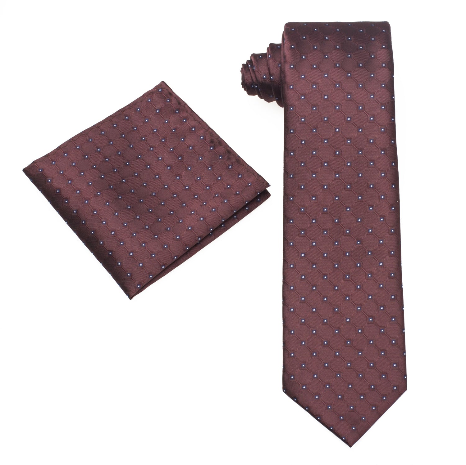 Alt View: A Brown, Black, White Geometric Texture With Small Black, White Checks Silk Necktie, Pocket Square