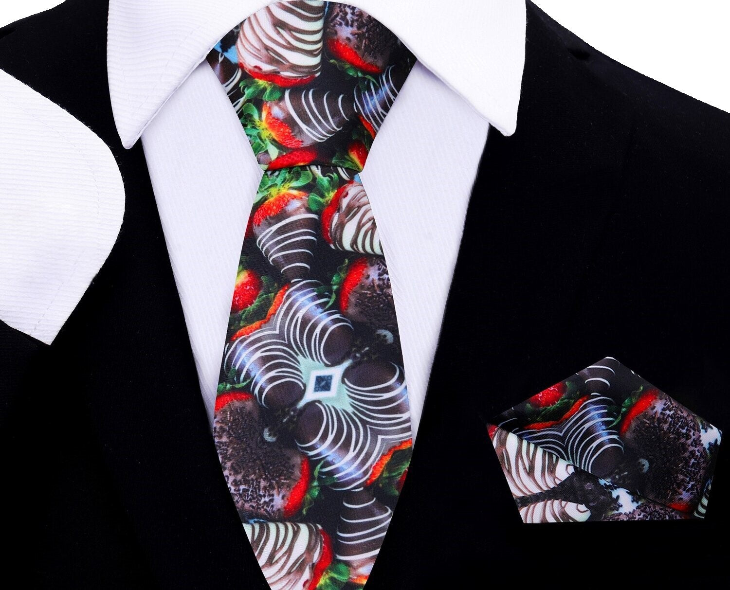 A Red, Brown, White, Green Color Chocolate Covered Strawberries Pattern Silk Thin Tie, Pocket Square