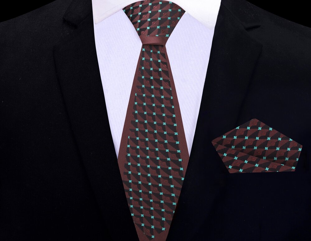 Thin Tie: Chocolate and Mint Green Geometric Tie and Pocket Square