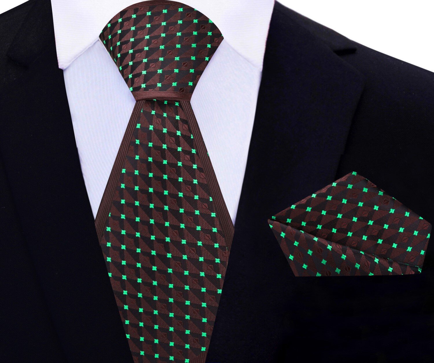 Main View: Chocolate and Mint Green Geometric Tie and Pocket Square