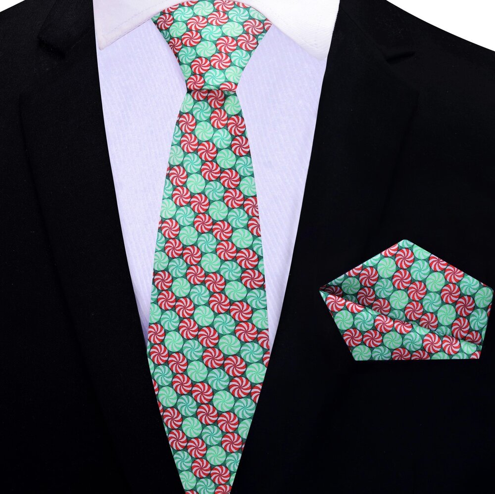 Thin Tie: Green, Red Christmas Candy Tie And Pocket Square