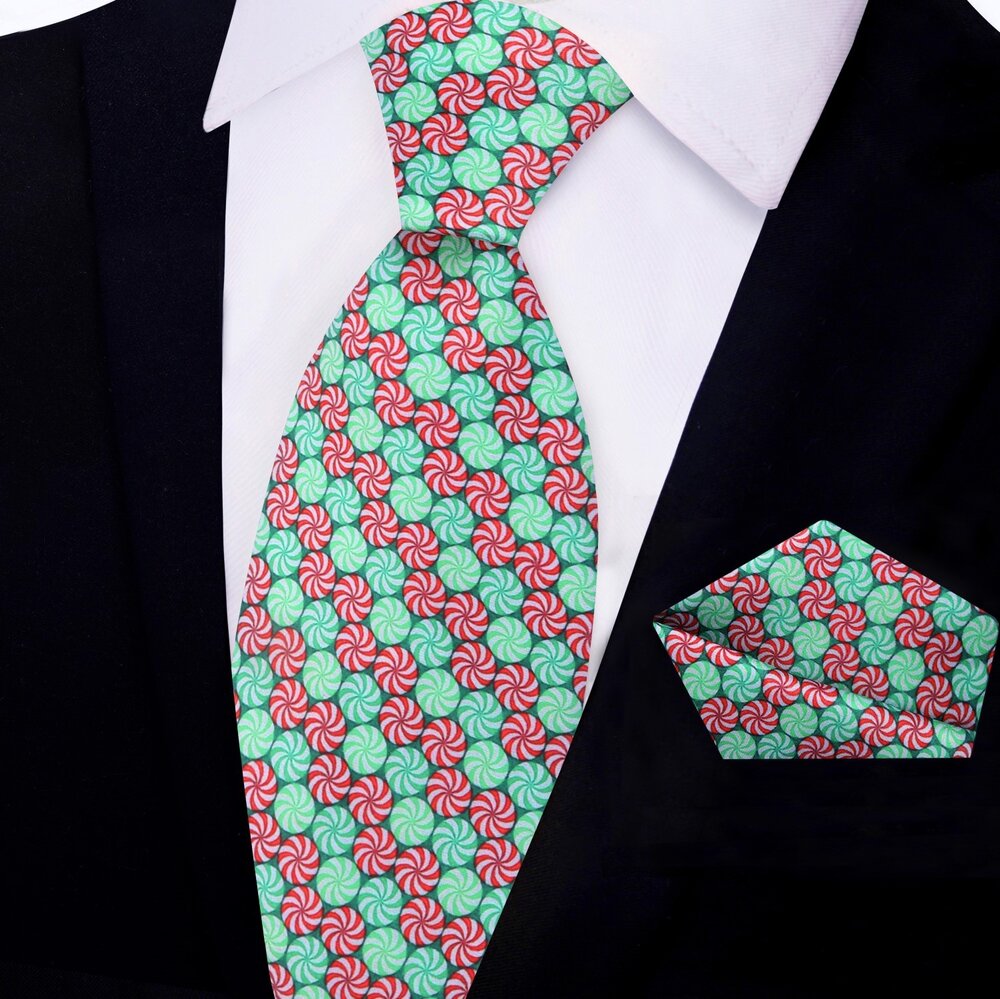 Green, Red Christmas Candy Tie And Pocket Square