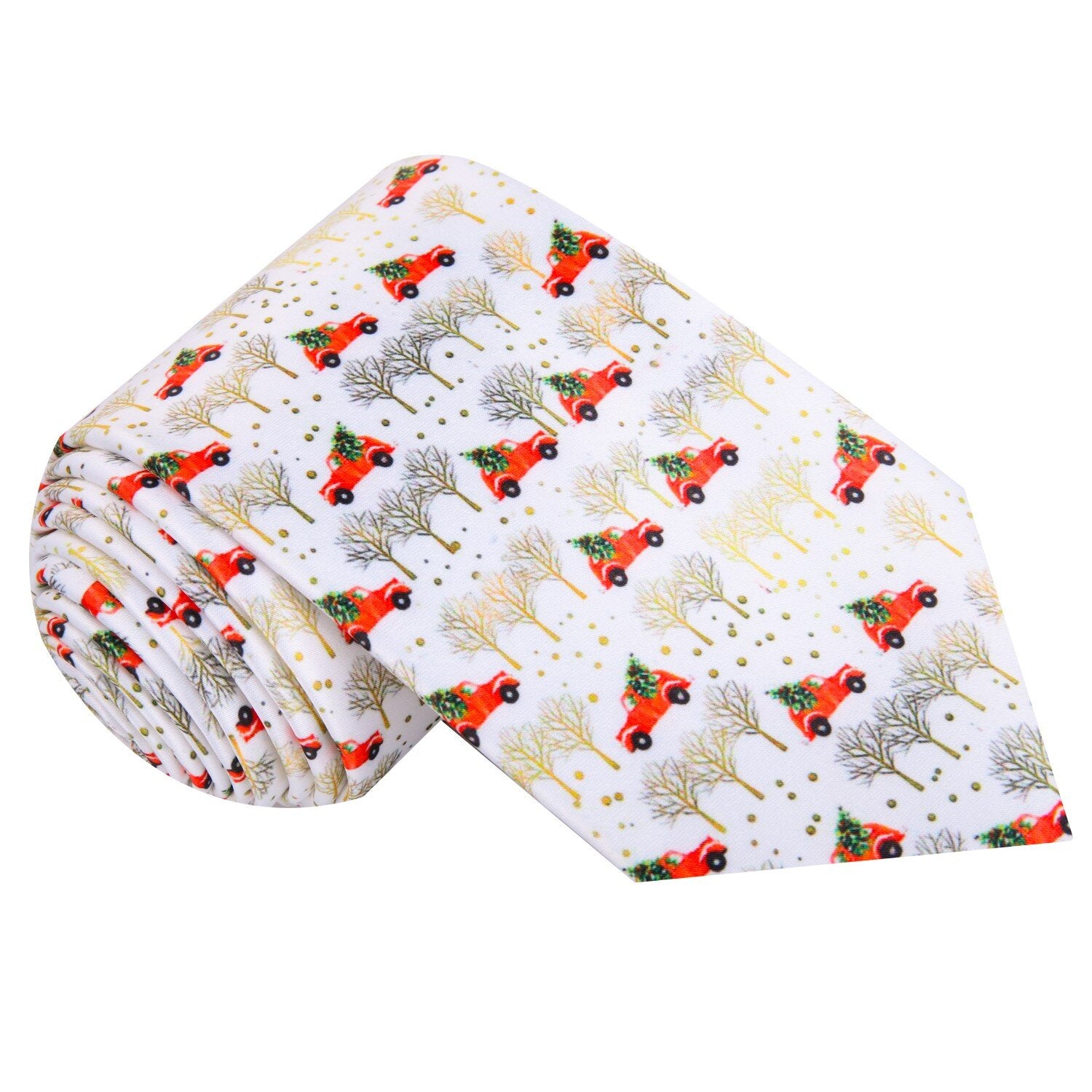 White, Red, Green, Gold Car Carrying Christmas Tree Tie
