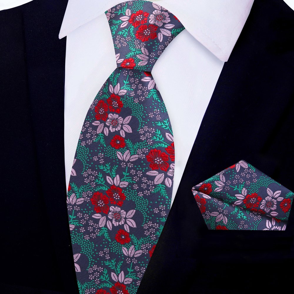 Red, Green, Pink Floral Tie and Pocket Square