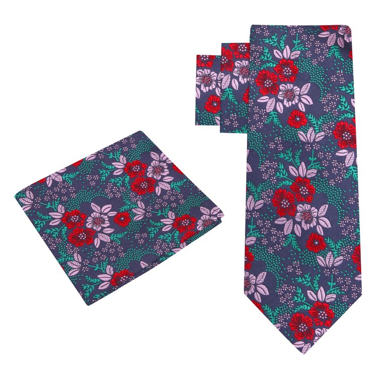 Alt View; Red, Green, Pink Floral Tie and Pocket Square