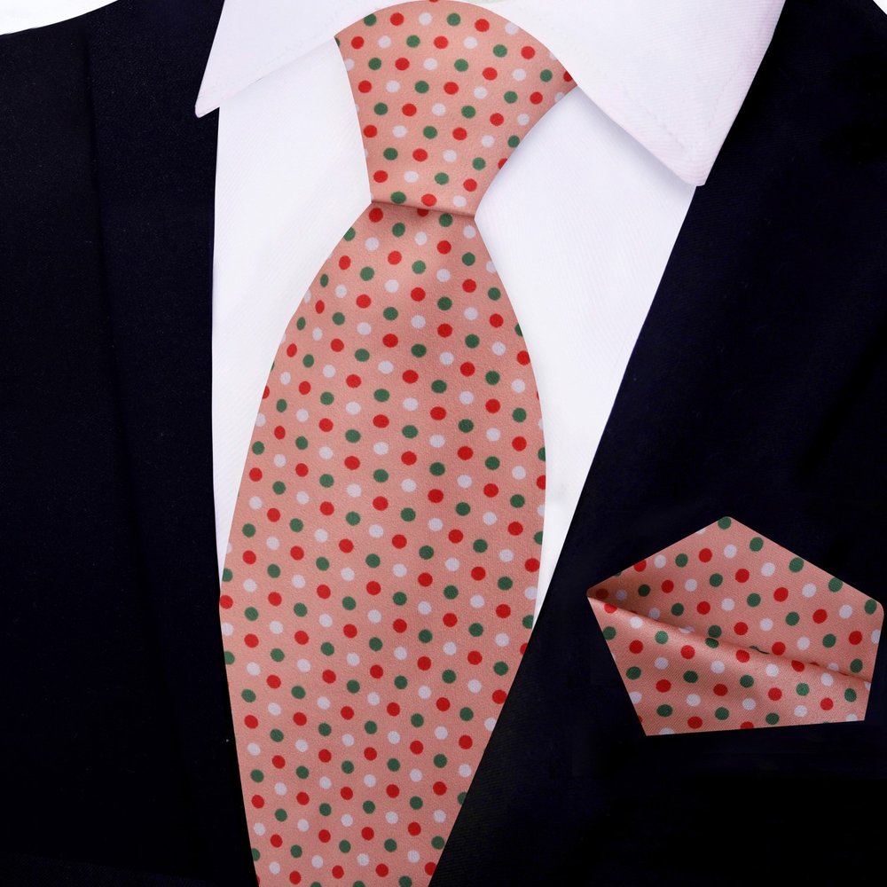 Salmon, Red, Green Polka Tie and Pocket Square