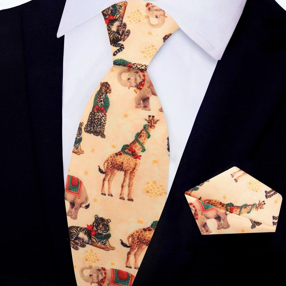 Yellow, Black, Red, Green Christmas Animals Tie And Pocket Square