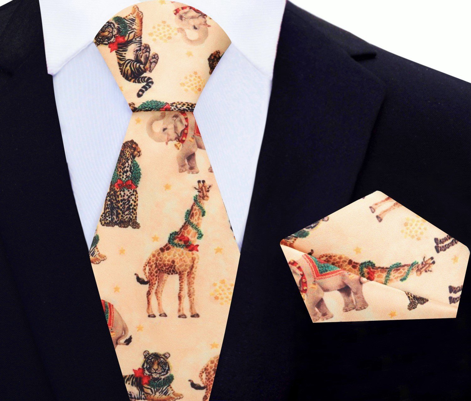 Main View: Yellow, Black, Red, Green Christmas Animals Tie And Pocket Square