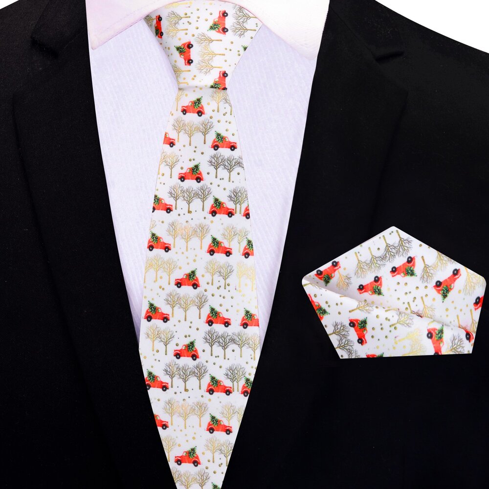Thin Tie View: White, Red, Green, Gold Car Carrying Christmas Tree Tie And Pocket Square