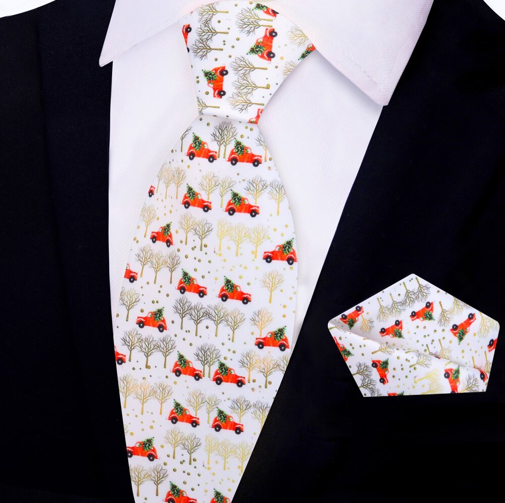 White, Red, Green, Gold Car Carrying Christmas Tree Tie And Pocket Square