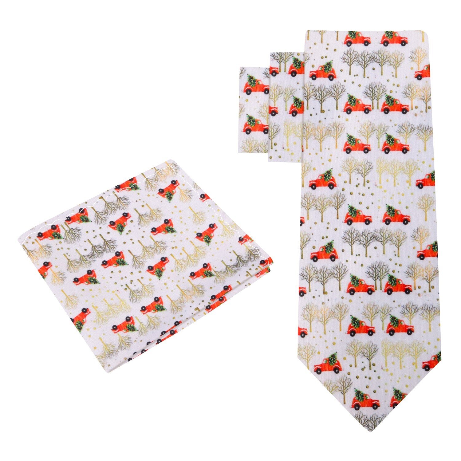 Alt View: White, Red, Green, Gold Car Carrying Christmas Tree Tie And Pocket Square