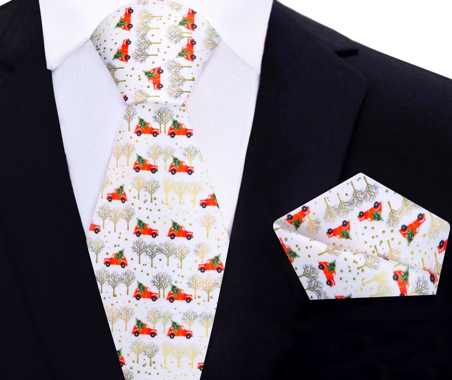 Main View: White, Red, Green, Gold Car Carrying Christmas Tree Tie And Pocket Square
