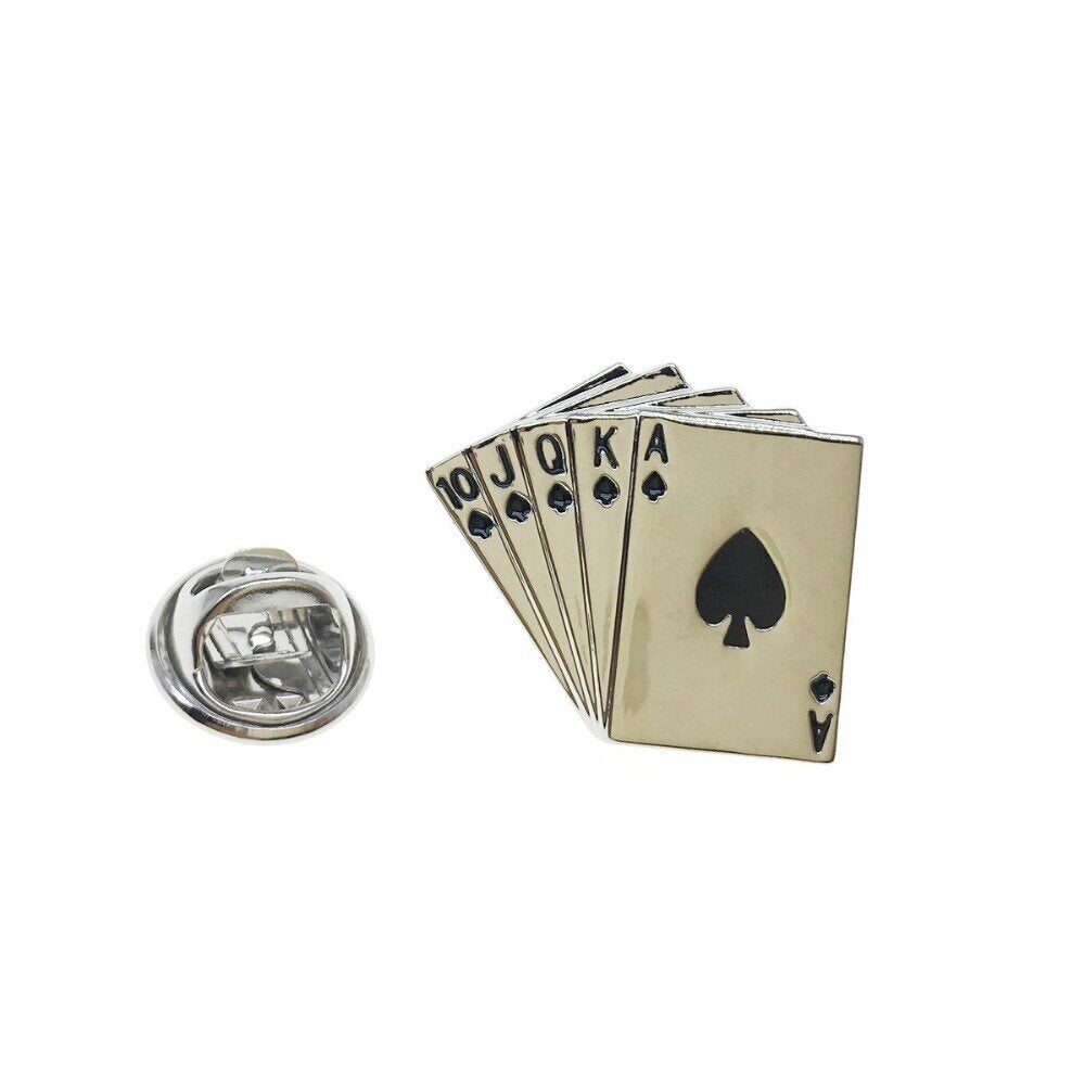 Chrome and Black Colored Playing Card Lapel Pin Showing the Card 10 of Spades, Jack of Spades, Queen of Spades, King of Spades and Ace of Spades.